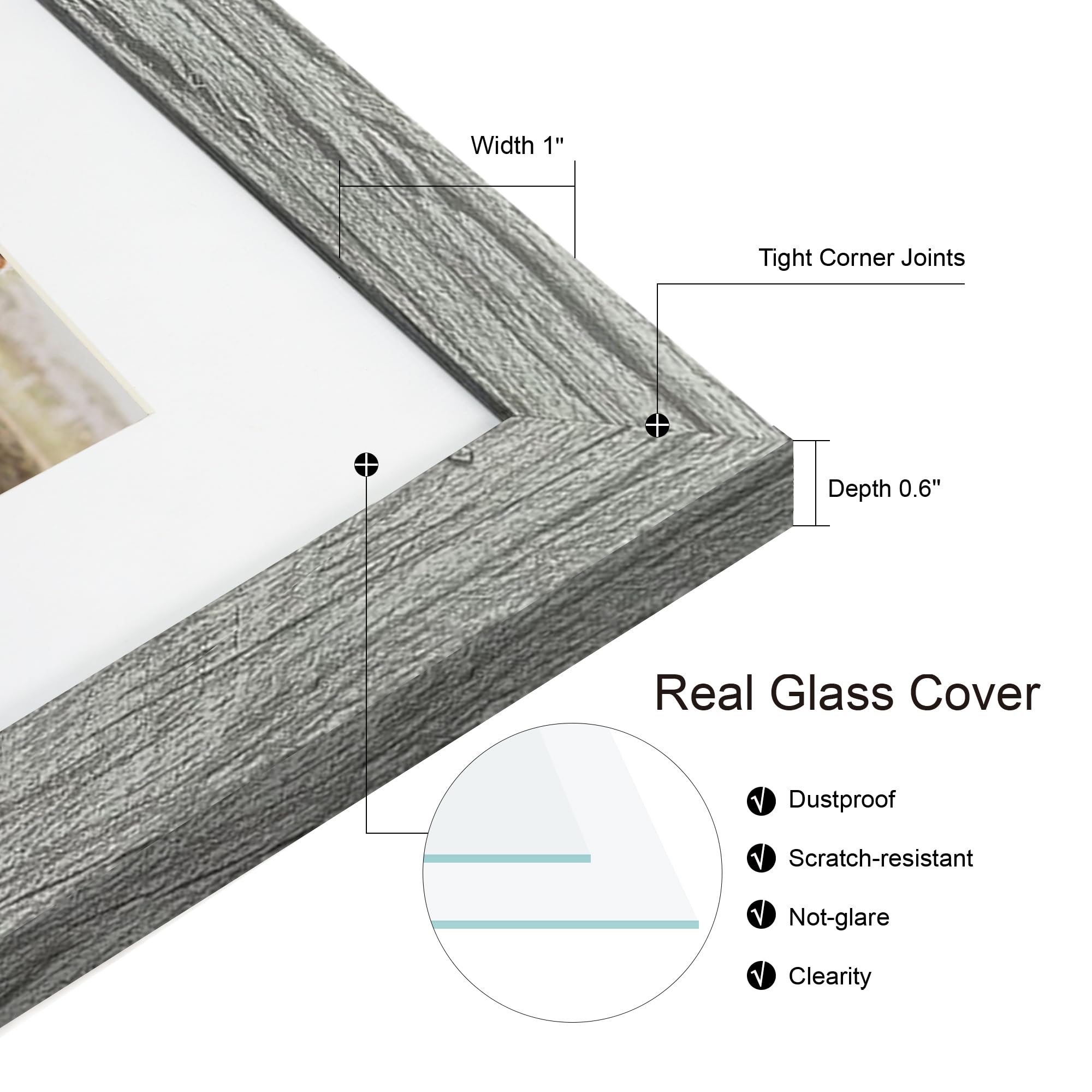 Hongkee 10x10 Picture Frame Set of 2, Real Glass and Grey Collage Frame, Display Pictures Four Opening 4x4 With Mat or 10 x 10 W